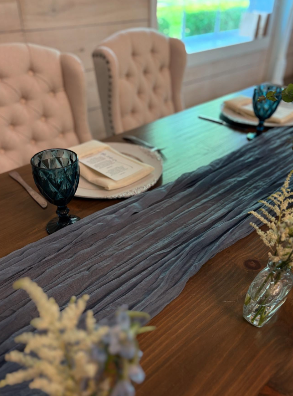 Blue table runner on table